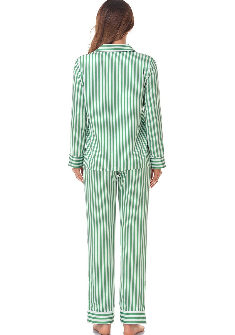 Serenedelicacy Women's Satin Pajama Set Long Sleeve Button Down Sleepwear 2-Piece Silky Pj Set (Medium, Green/Ivory, Stripe) - Image 2